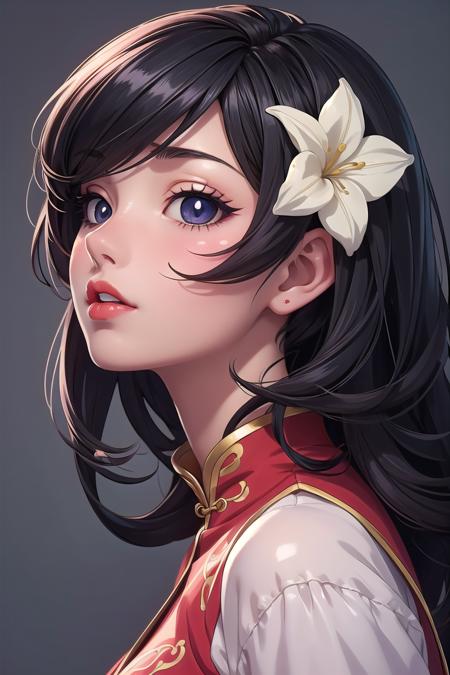 388161-3553371152-Cowboy Shot,((glossy eyes)),1girl,solo,black hair,flower,realistic,looking up,red lips,chinese clothes,upper body,hair ornament,.png